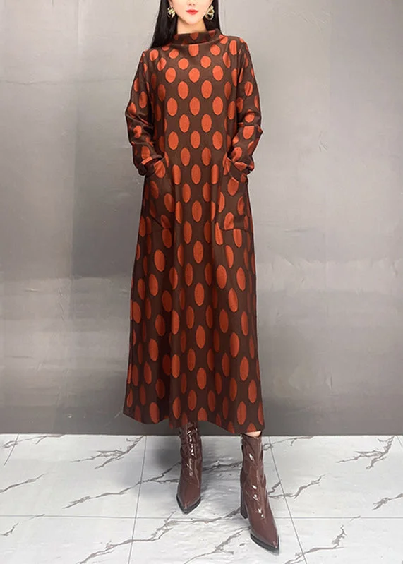 maxi dresses with short sleevesElegant Mulberry Turtleneck Dot Print Maxi Dress Spring