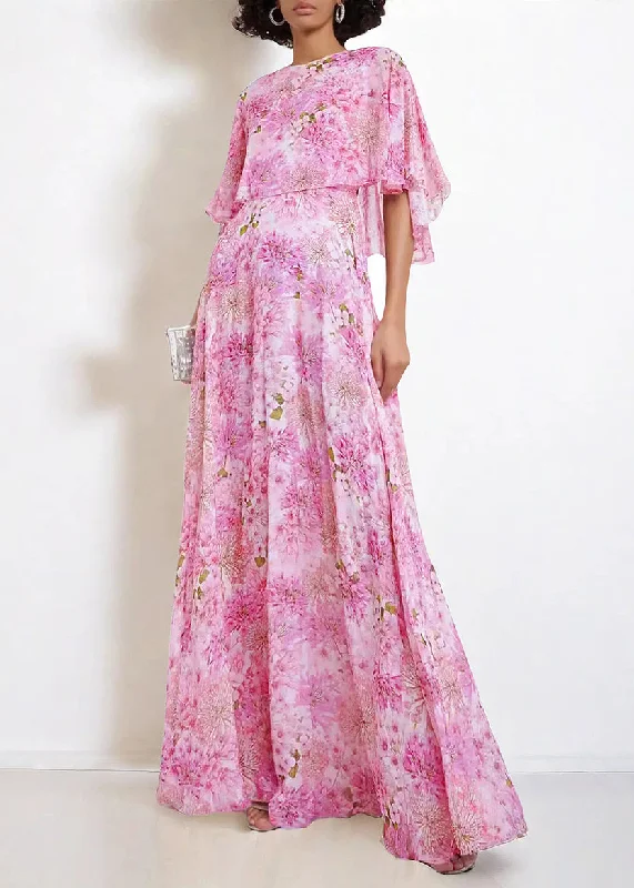 silk maxi dressesBohemian Pink O Neck Print Chiffon Maxi Dresses Butterfly Sleeve