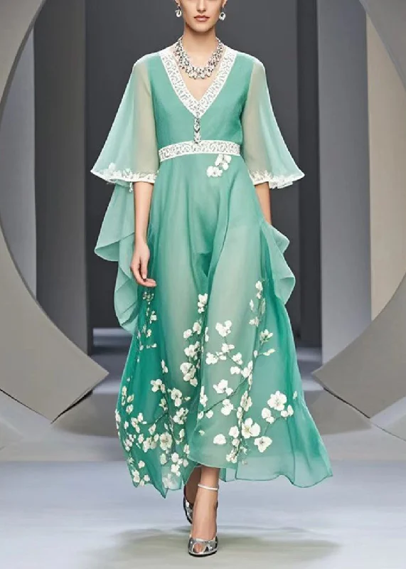 maxi dresses with hidden pocketsOrganic Lake Green V Neck Print Chiffon Maxi Dresses Summer