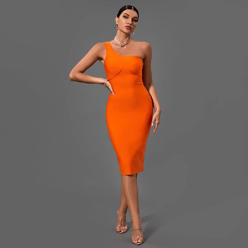 printed midi dressesprinted midi dressesOrange One Shoulder Sleeveless Asymmetrical Midi Bandage Dress PF21422