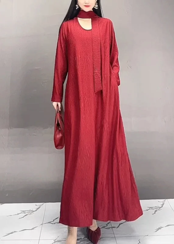 maxi dresses with front pocketsPlus Size Red O-Neck Wrinkled Maxi Dresses Spring