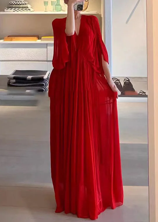 maxi dresses for tall womenElegant Red V Neck Wrinkled Solid Chiffon Maxi Dress Half Sleeve