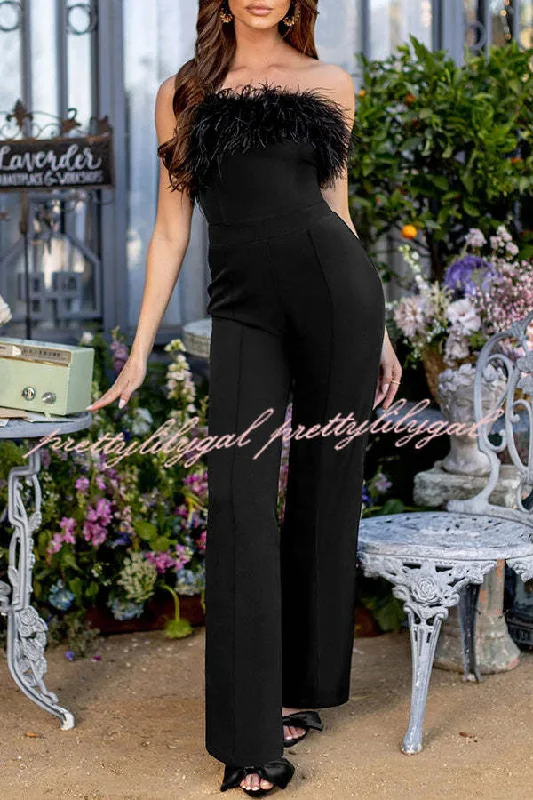 women's vintage jumpsuitsFirst Class High Rise Feather Stretch Waist Jumpsuit