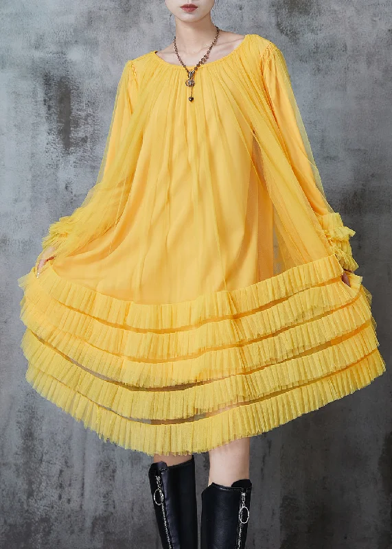 maxi dresses for cool weatherFashion Yellow Oversized Ruffled Tulle Maxi Dresses Spring