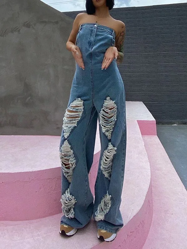 women's jumpsuits with Peter Pan collarsMotionkiller Ripped Strapless Denim Jumpsuit