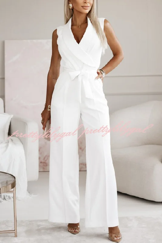 women's jumpsuits with short sleevesMake Your Entrance Lapel Belt Pocketed Wide Leg Formal Jumpsuit