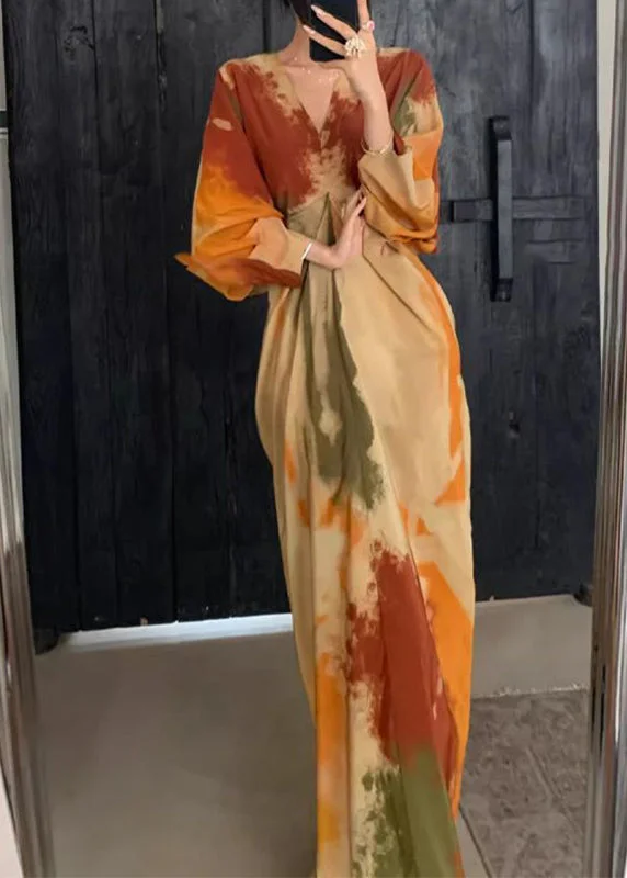 maxi dresses with sequined detailsChinese Style Orange V Neck Tie Dye Maxi Dress Spring