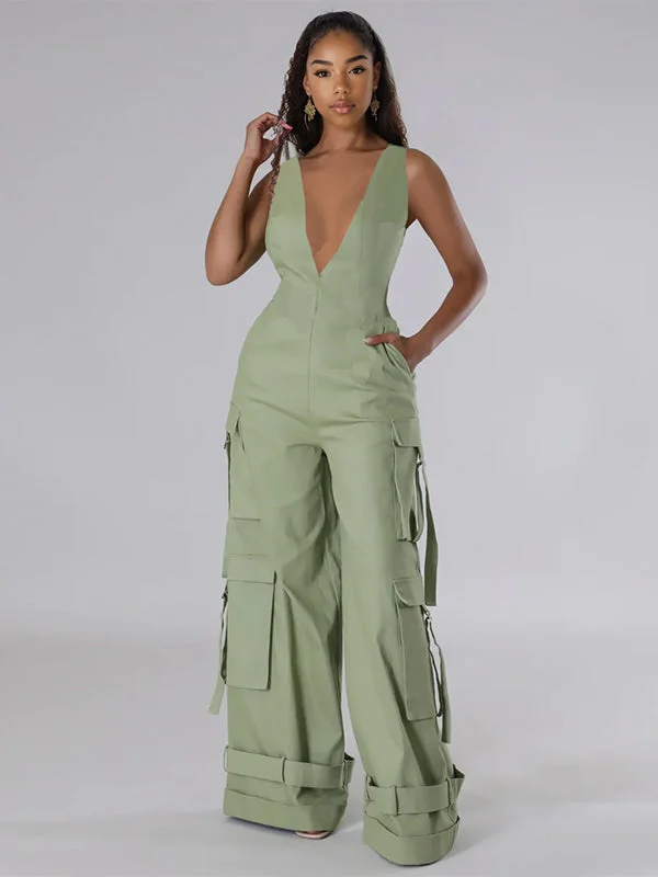 women's jumpsuits for eco-friendly choicesMotionkiller V-Neck Sleeveless Cargo Wide-Leg Jumpsuit