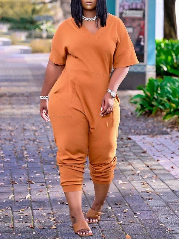 women's jumpsuits for cozy daysMotionkiller Plus Size Solid V-Neck Jumpsuit