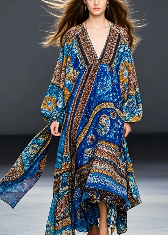 maxi dresses with lace overlaysBohemian Blue Oversized Print Cotton Maxi Dresses Spring