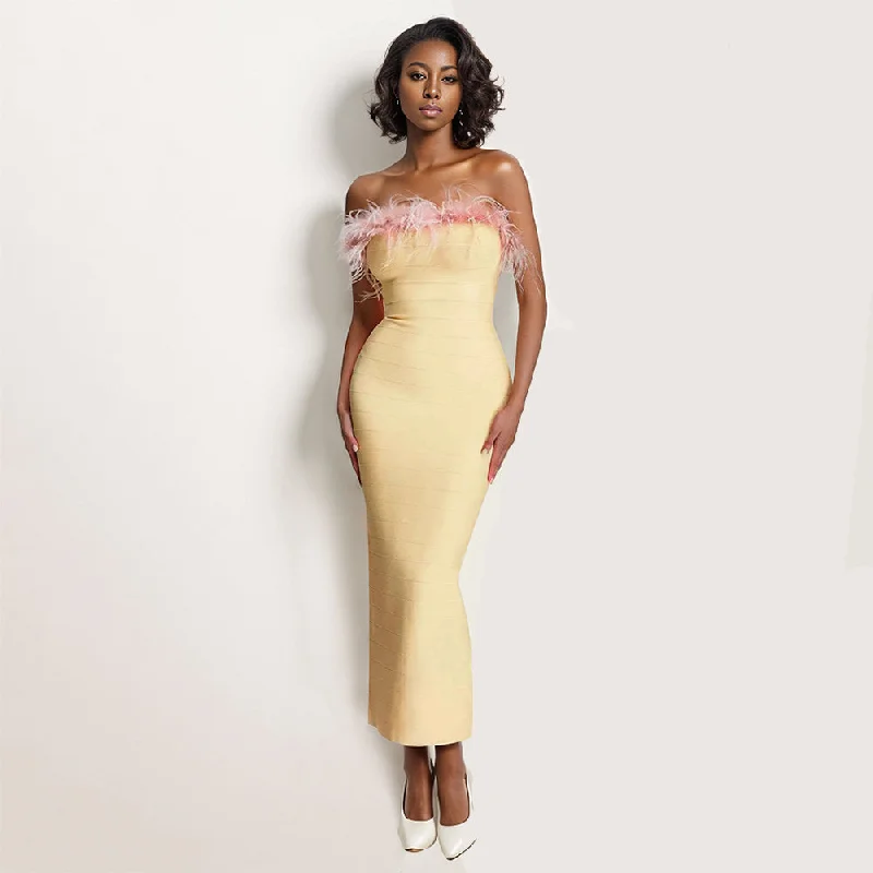 simple yet stylish midi dressessimple yet stylish midi dressesOff Shoulder Sleeveless Feather Midi Bandage Dress PZC2340