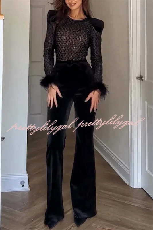 women's jumpsuits with long sleevesMonique Fish Scale Lace Sequin Velvet Patchwork Feather Trim Belted Stretch Flare Jumpsuit