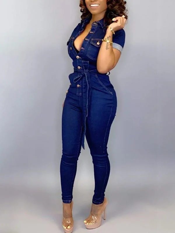 women's jumpsuits with off-the-shoulder sleevesMotionkiller Button-Front Tied Denim Jumpsuit