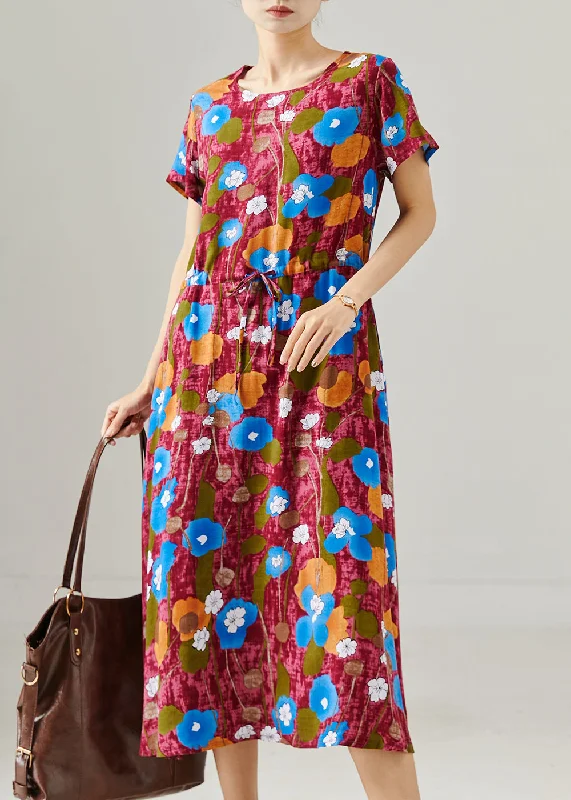 maxi dresses with long sleevesRed Print Cotton Maxi Dresses Cinched Summer