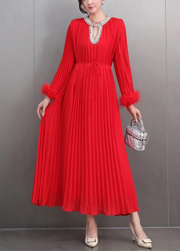 striped maxi dressesItalian Red O-Neck Wrinkled Patchwork Zircon Maxi Dresses Spring