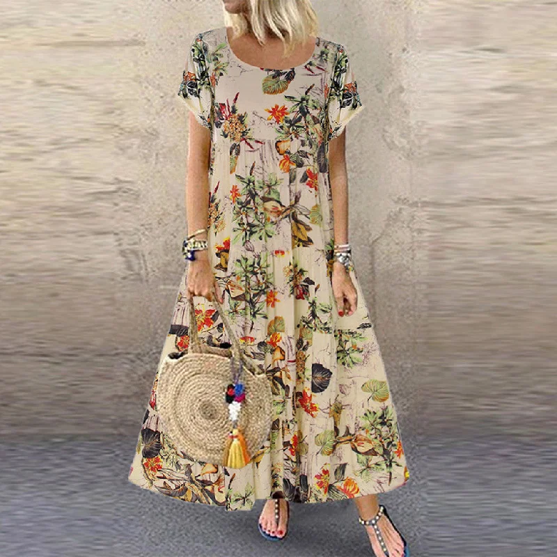 maxi dresses with sleevesShort Sleeve Retro Linen Print Long Maxi Dress