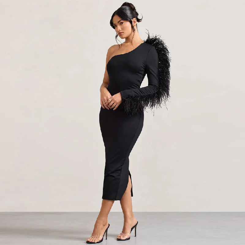 breathable midi dressesbreathable midi dressesOne Shoulder Long Sleeve Feather Midi Bandage Dress PD23393