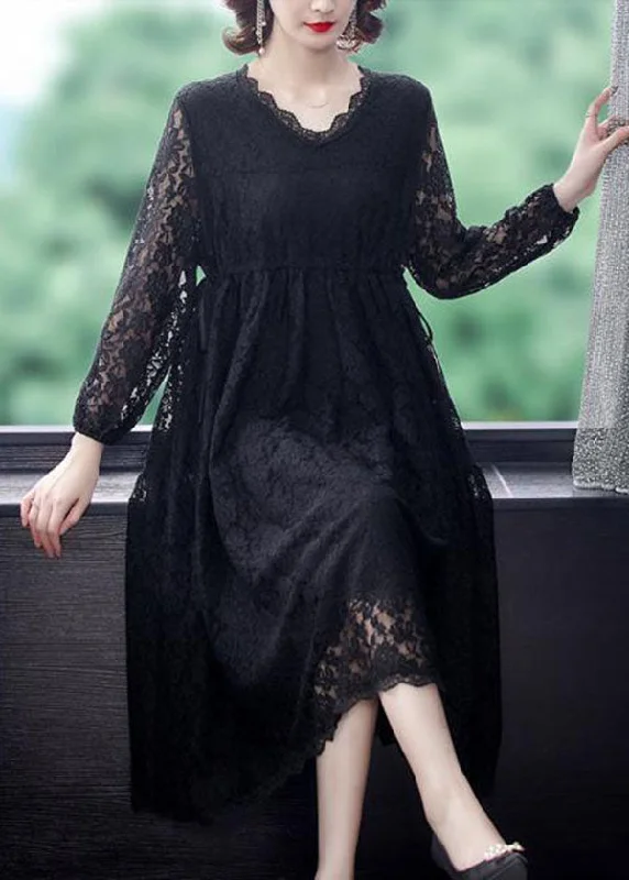 maxi dresses with pleatsBeautiful Black V Neck Hollow Out Exra Large Hem Lace Maxi Dresses Spring