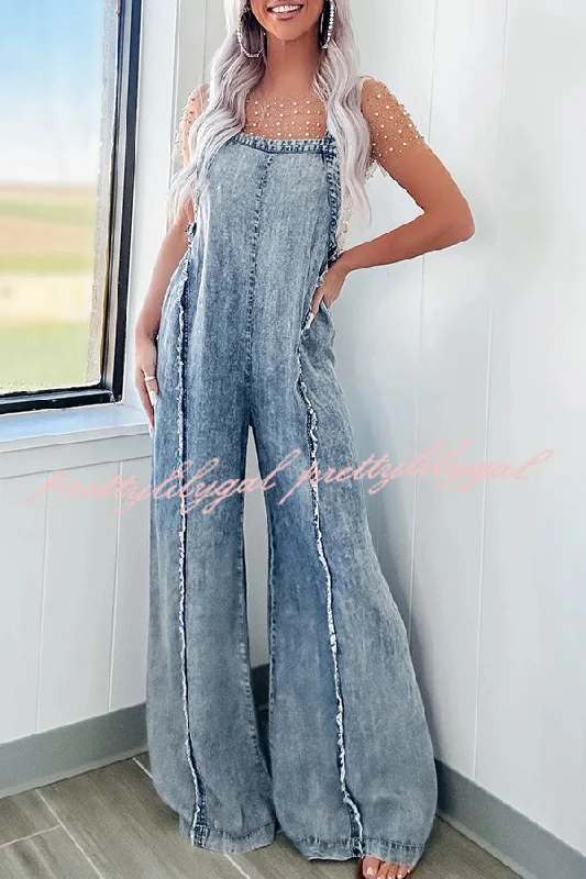 women's jumpsuits made of satinVintage Washed Denim Raw Edge Elastic Waist Wide Leg Jumpsuit