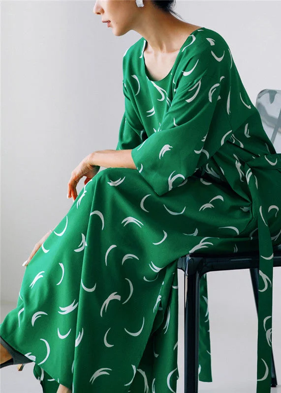 maxi dresses for plus sizeOrganic Green O-Neck Print Silk Maxi Dress Long Sleeve