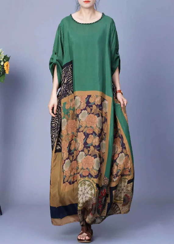 maxi dresses with cap sleevesElegant Green Print Pockets Silk Maxi Dresses Spring