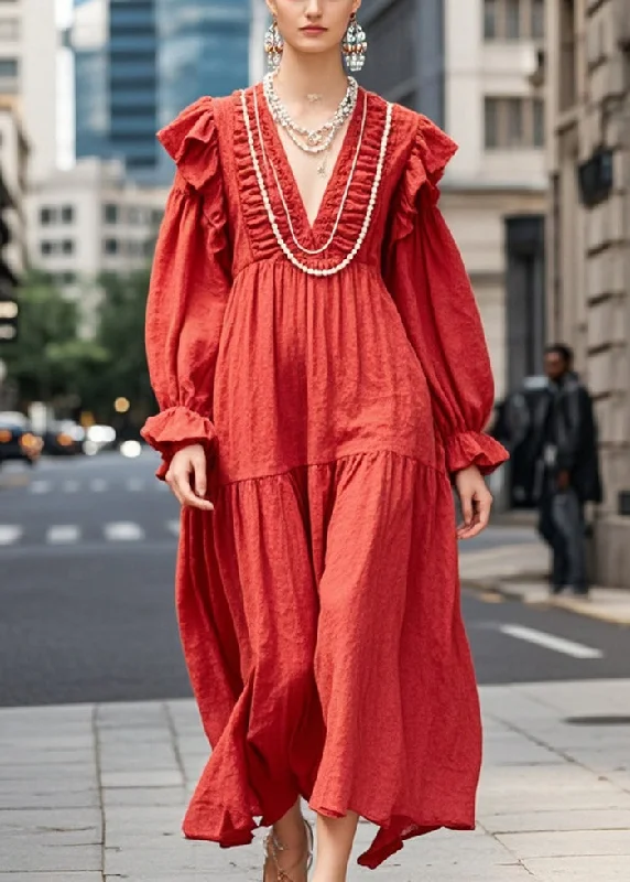 maxi dresses for destination weddingsElegant Red Oversized Ruffles Cotton Maxi Dresses Spring