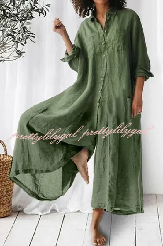 women's jumpsuits with pocketsAmaris Cotton and Linen Blend Long Sleeve Loose Wide Leg Shirt Jumpsuit