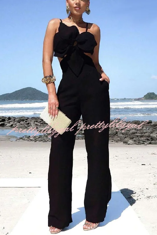 women's jumpsuits made of chiffonThree-dimensional Flower Accessories Hollow Pocket Jumpsuit