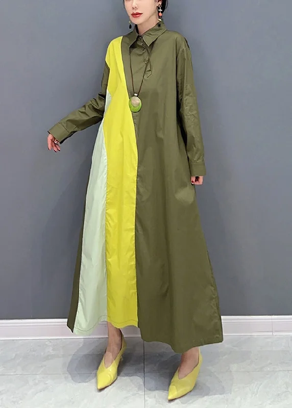 maxi dresses for winter (with tights)Plus Size Army Green Peter Pan Collar Patchwork Cotton Maxi Dresses Spring