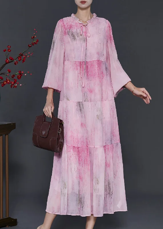 maxi dresses with lace-up detailsBohemian Pink Ruffled Tie Dye Chiffon Maxi Dress Spring