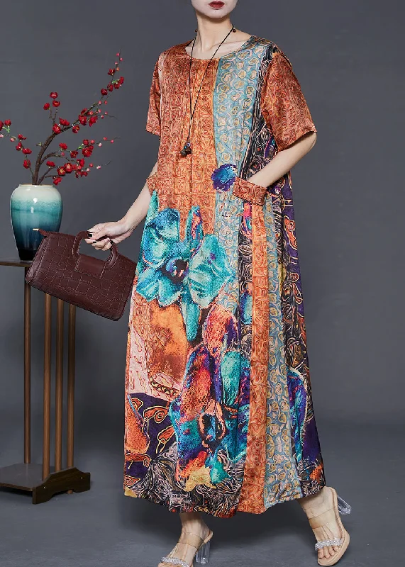 maxi dresses for autumnModern Khaki Oversized Print Silk Maxi Dresses Summer