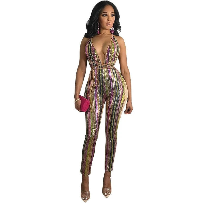 women's jumpsuits for beach outingslure Striped sequined mutilcolored deep v backless patchwork clubwear jumpsuit