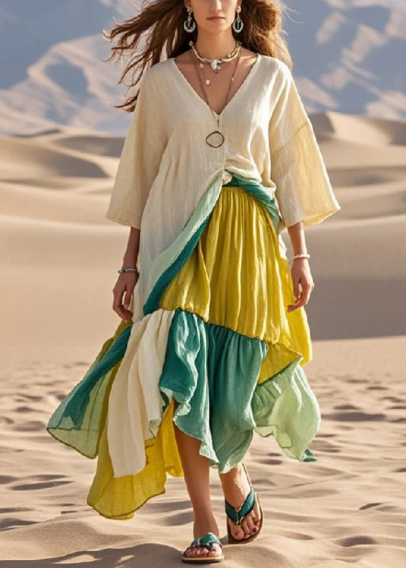 maxi dresses with sweetheart necksElegant Khaki Asymmetrical Patchwork Cotton Maxi Dresses Bracelet Sleeve