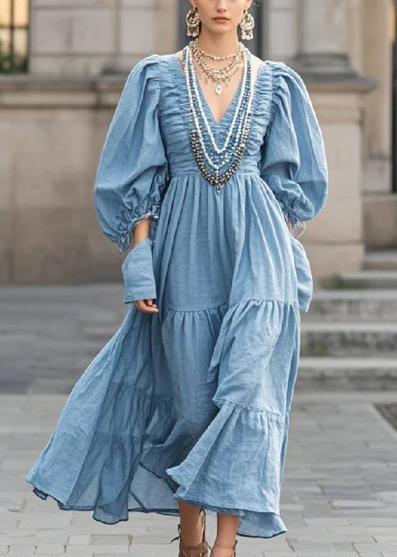 maxi dresses for cocktail partiesFrench Blue V Neck Wrinkled Cotton Maxi Dresses Spring