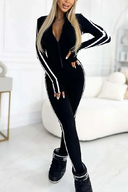 women's jumpsuits with zippersSexy Slim-fitting Long-sleeved Striped Half-zip Jumpsuit