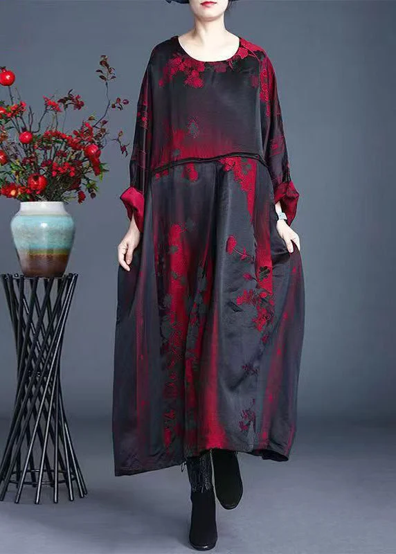 maxi dresses for autumnJacquard Red O-Neck Pockets Print Silk Maxi Dress Spring