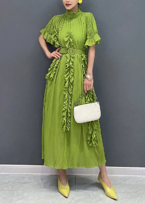 maxi dresses for destination weddingsVogue Green Turtleneck Ruffled Wrinkled Maxi Dress Short Sleeve