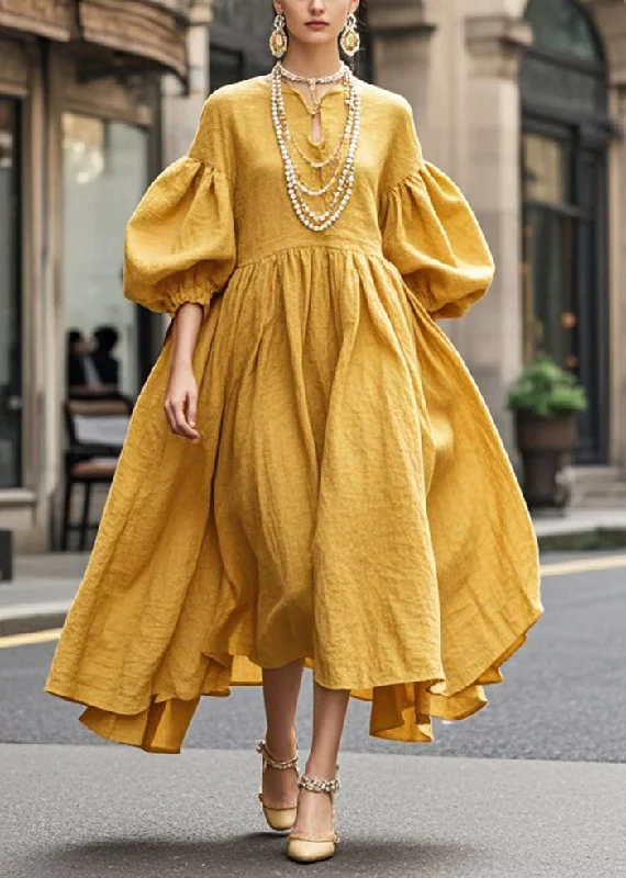 maxi dresses for womenBoho Yellow Exra Large Hem Cotton Maxi Dresses Lantern Sleeve