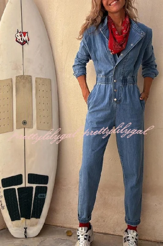 women's jumpsuits with striped patternsCarey Denim Button Up Long Sleeve Elastic Waist Pocketed Loose Jumpsuit