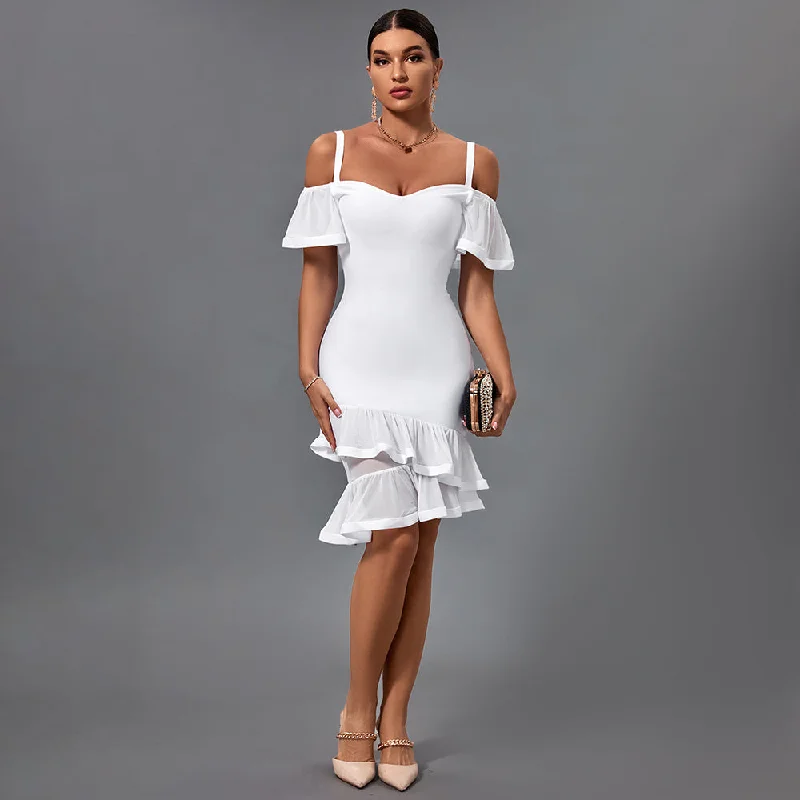 midi dresses with adjustable strapsmidi dresses with adjustable strapsStrappy Short Sleeve Frill Midi Bandage Dress PP091426