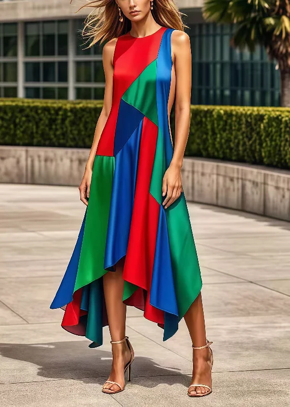 maxi dresses for warm weatherBohemian Multicolor Asymmetrical Patchwork Silk Maxi Dresses Summer