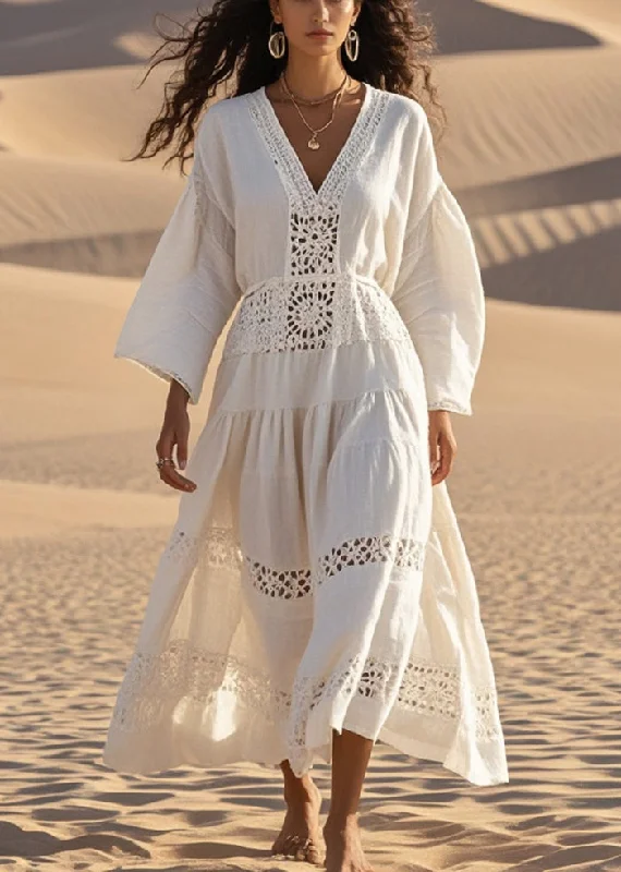 maxi dresses for casual FridaysNatural White V Neck Hollow Out Cotton Maxi Dresses Spring