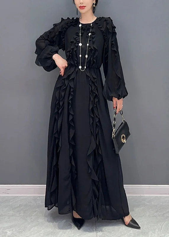 maxi dresses with thigh-high slitsElegant Black Ruffles Cinched Chiffon Maxi Dresses Spring