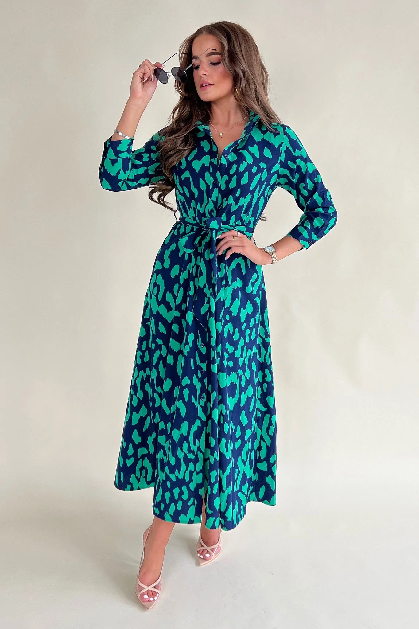 maxi dresses for officeBreanna Navy Green Print Shirt Pocket Maxi Dress