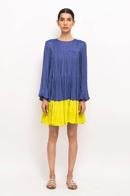 cotton blend midi dressescotton blend midi dressesBlue-Yellow Gather Midi Dress