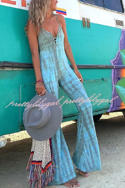 women's wide-leg jumpsuitsAmelie Tie-dye Print Front Lace-up Stretch Flare Jumpsuit