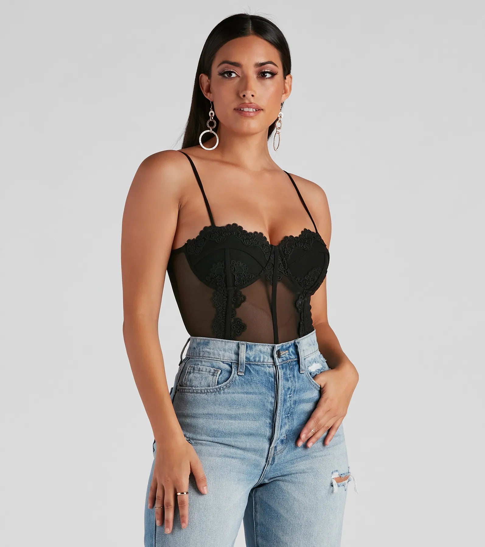 Dreamy-Chic Mesh Crochet Bustier Bodysuit