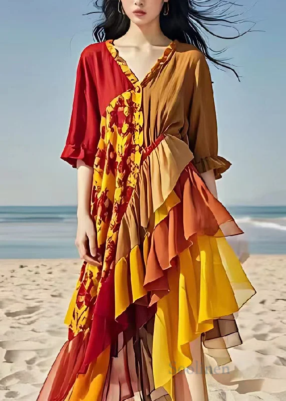 maxi dresses for layeringItalian Colorblock V Neck Ruffled Patchwork Chiffon Maxi Dresses Summer