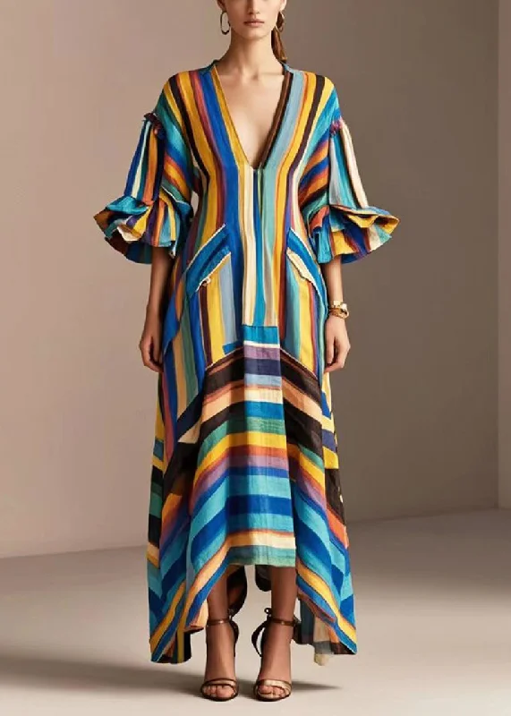 maxi dresses for flower girlsModern Rainbow V Neck Striped Cotton Maxi Dresses Petal Sleeve