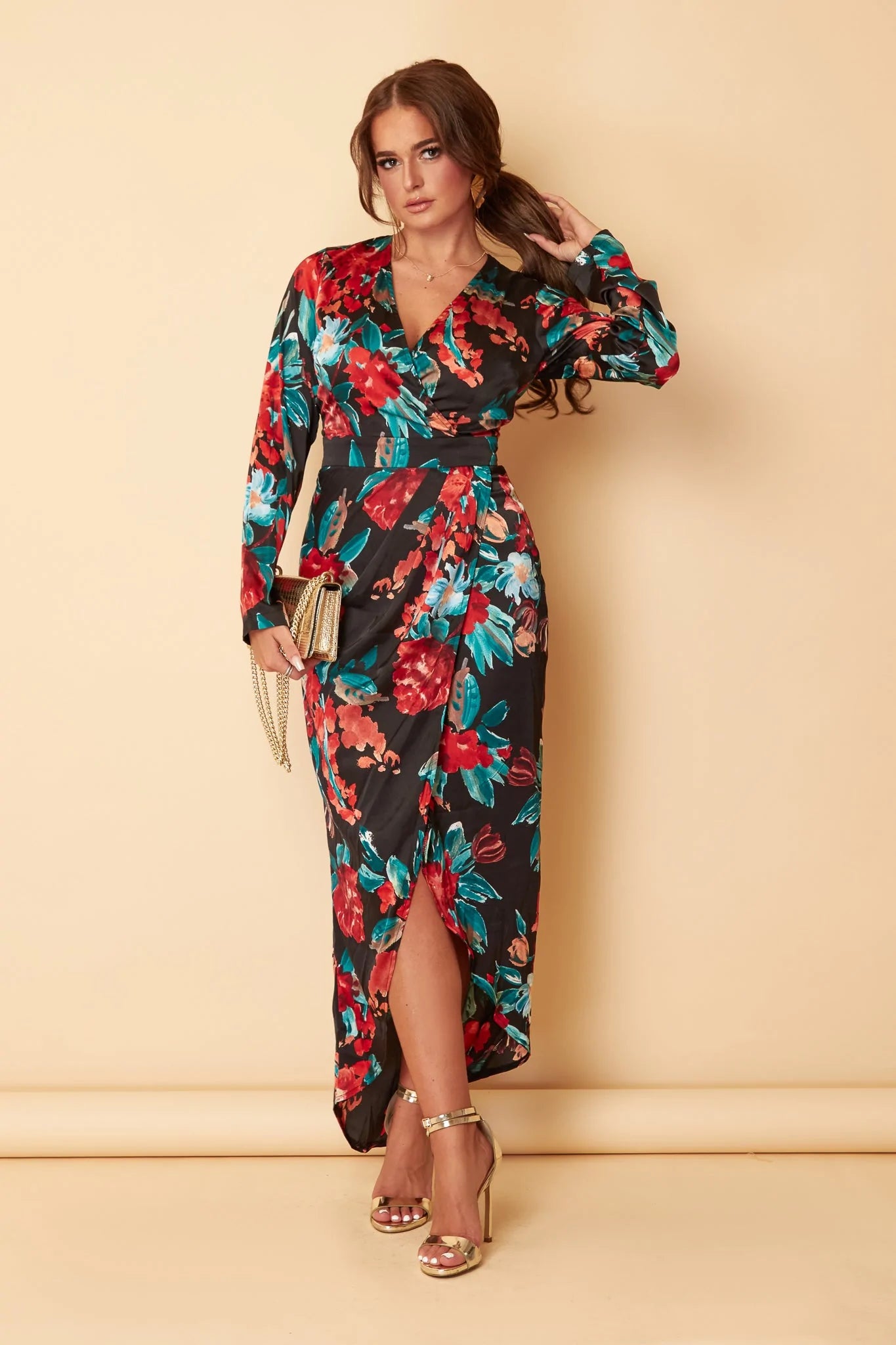 maxi dresses with short sleevesGrace Red Teal Floral Print Long Sleeve Maxi Dress